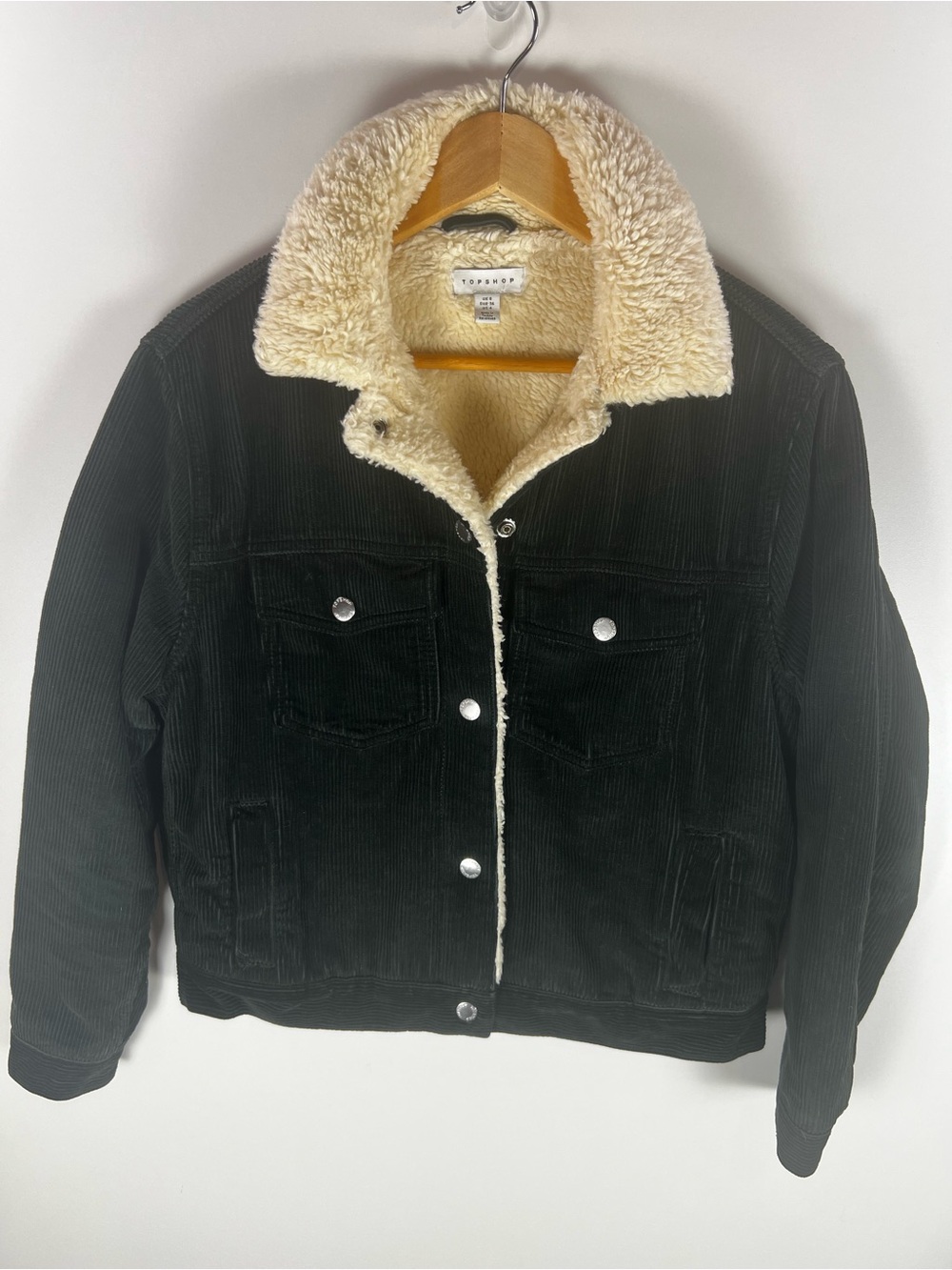 Topshop Green Corduroy Sherpa Trucker Jacket Medium Cream Faux Shearling